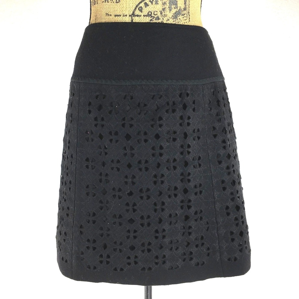 Peter Nygard Skirt 6 Pure Black Wool Bl Felted Cut Out Embroider A Line NICE